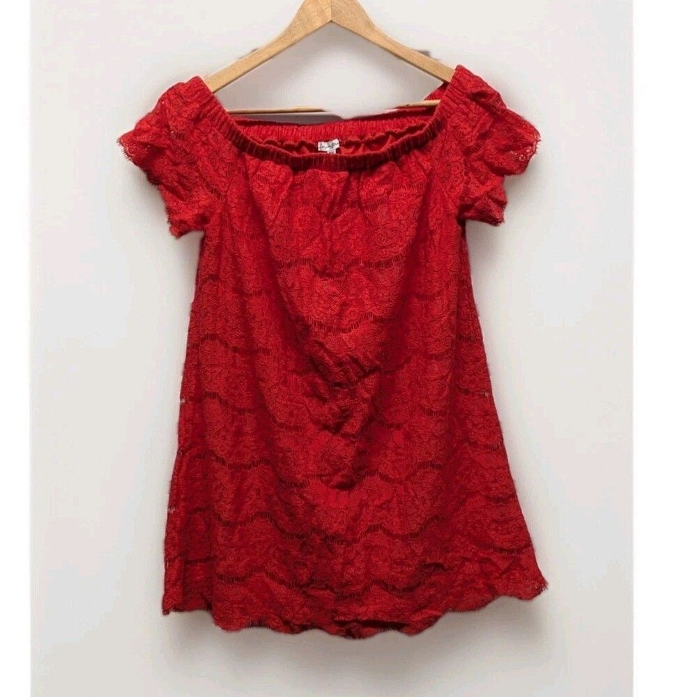 Love Fire Off Shoulder Coral Red Lace Scalloped Fringe Mini Boho Fun Flirty M